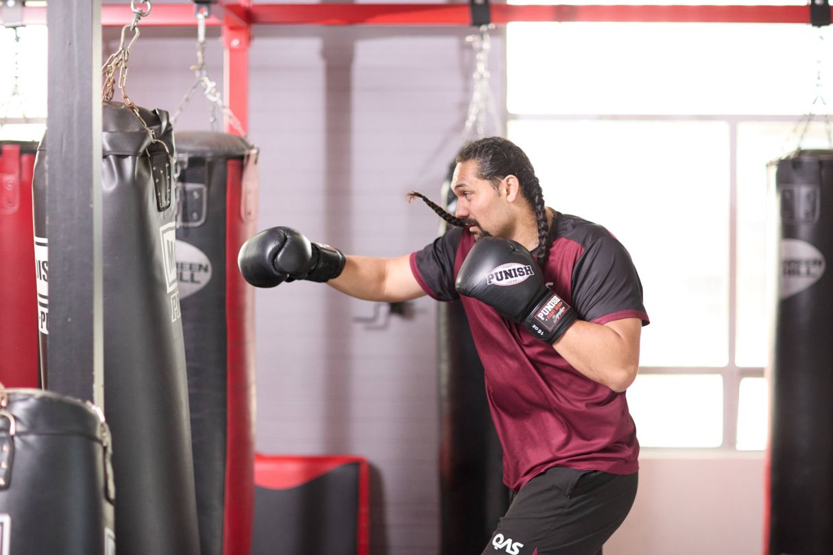 Teremoana Jnr Teremoana practices boxing with a punching bag