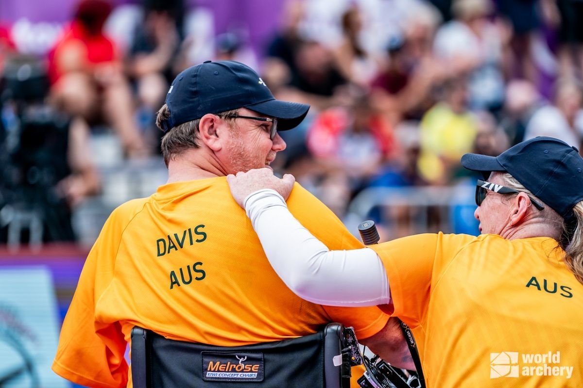 Chris Davis, Para archery athlete, with archery Australia coach, Sarah Fuller