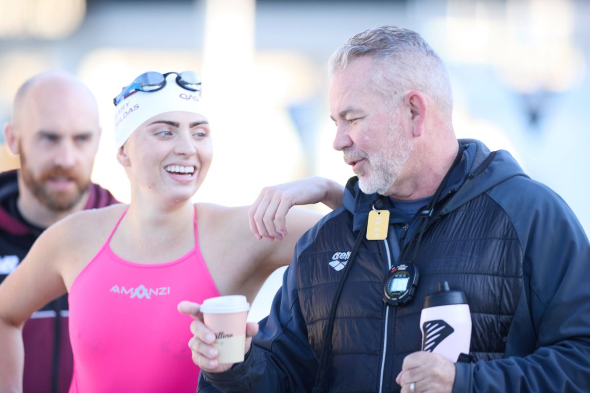 Alexa Leary has a laugh with her coach, Jon Bell, at training